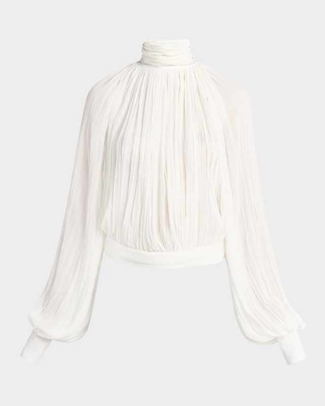 Turtleneck Long-Sleeve Draped Creponne Top
